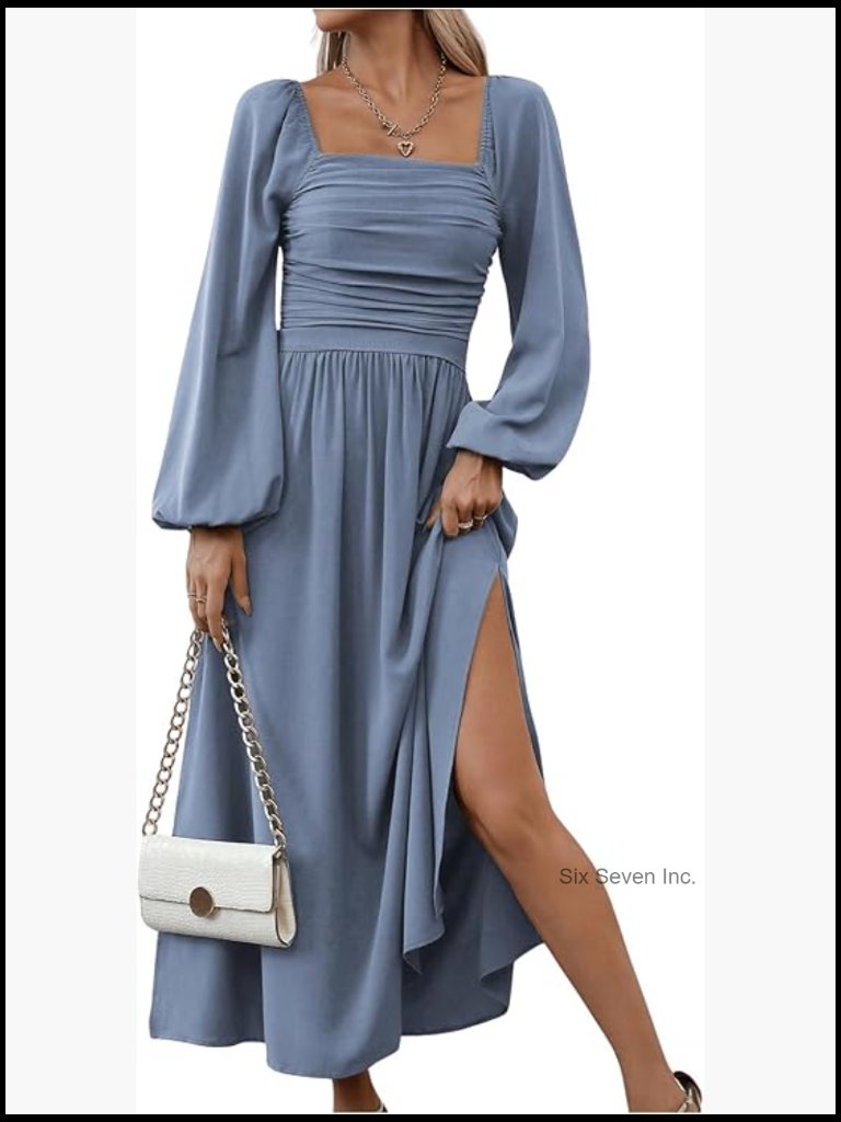 Square Neck Lantern Long Sleeve Ruched Split Midi Dress